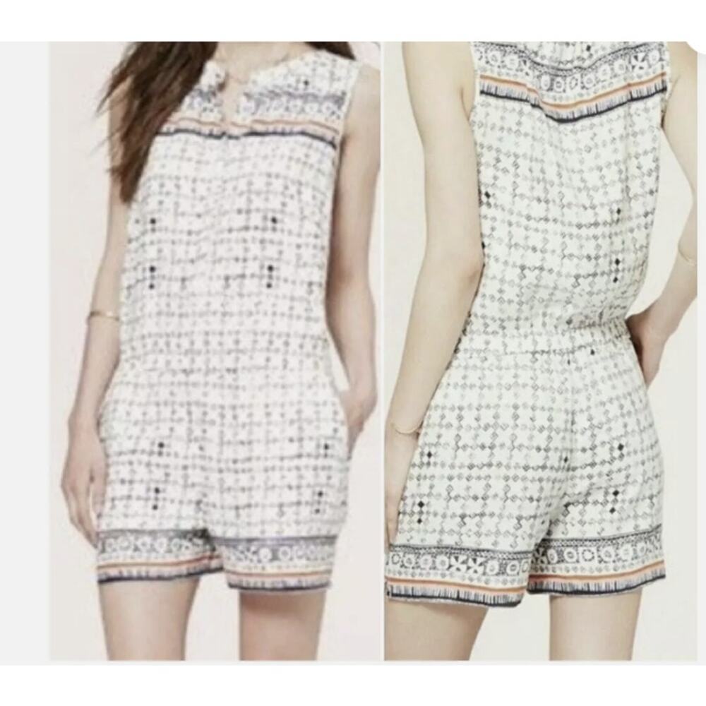 Ann Taylor LOFT Size M Linen Blend Antique Tile Romper Pockets